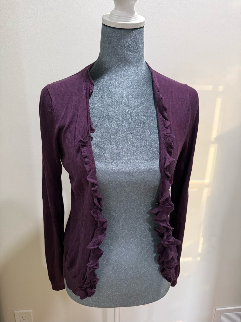 Ann Taylor Petites Open-Front Knit Cardigan in Plum